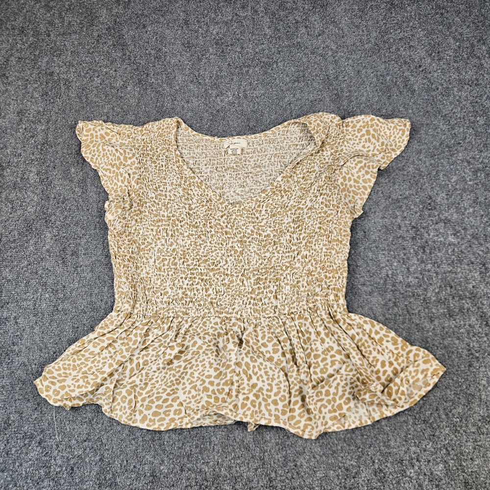 Jopax Leopard Print Smocked Peplum Top Tan Cream V-Neck Cap Sleeve Large
